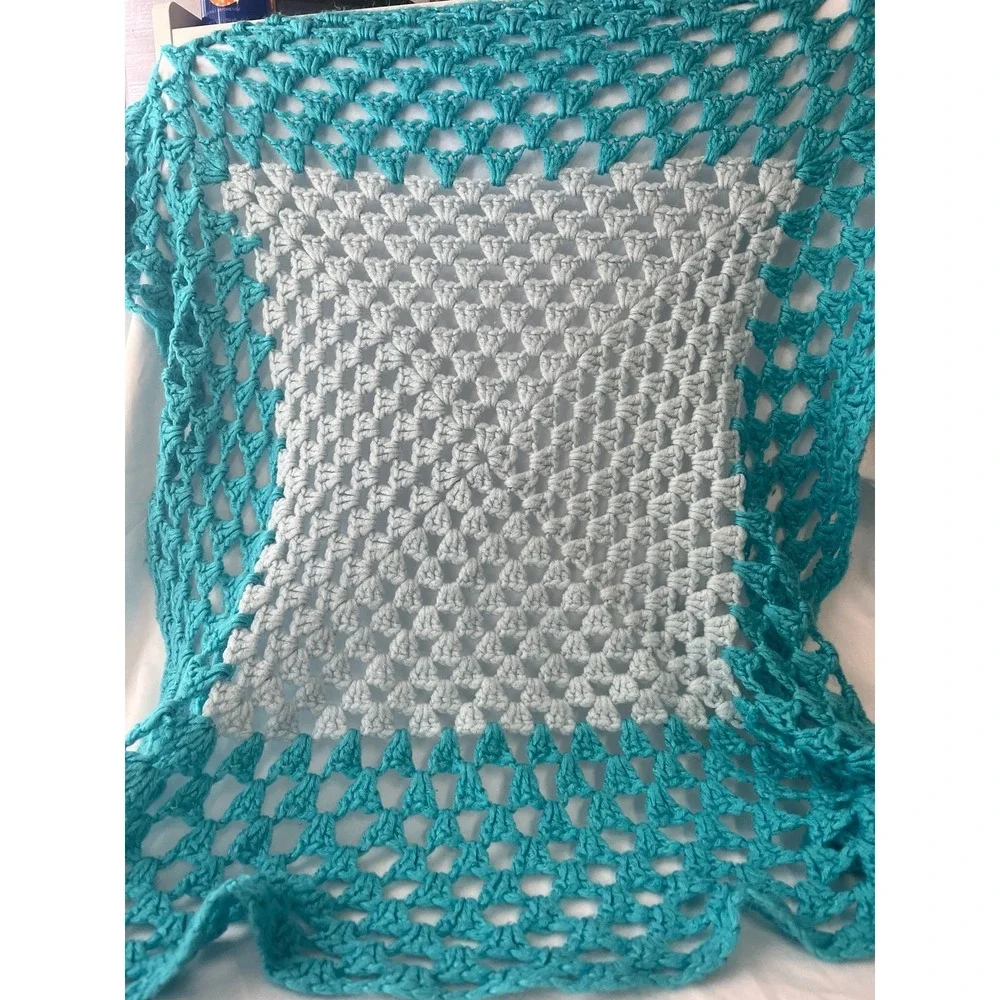 Handmade Crochet Granny Square Throw Blanket Blue White Teal Afghan Lap Blanket